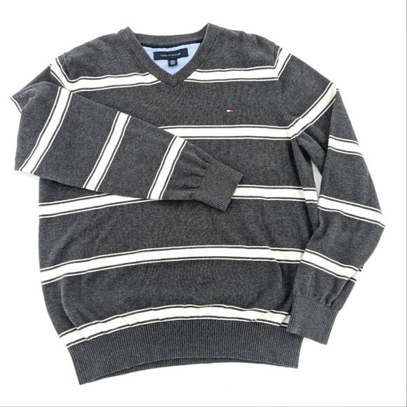 Tommy Hilfiger 100% Cotton Gray Striped V-Neck Pullover Sweater Size Medium - Picture 1 of 6